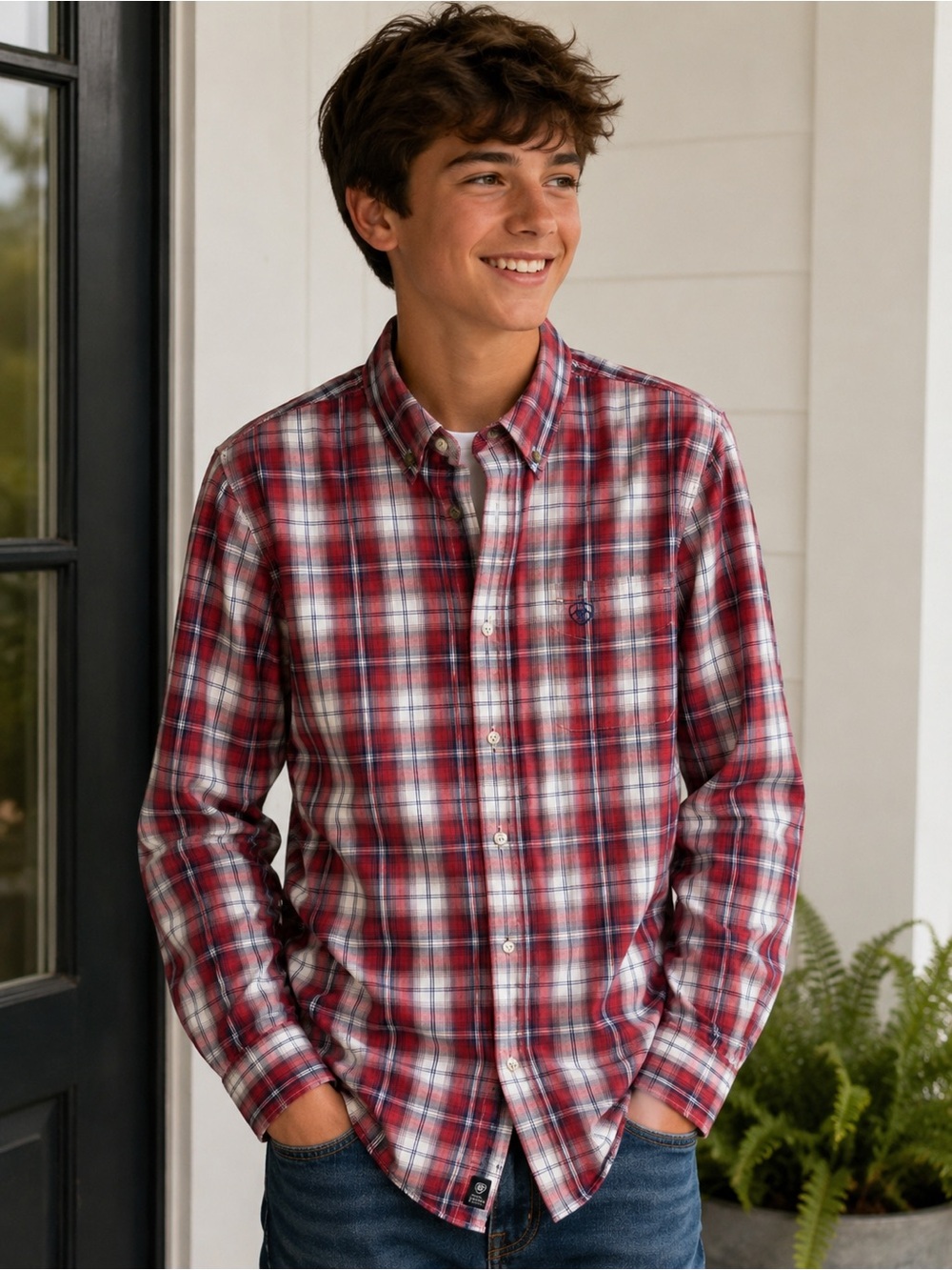 Ariat Red and White Plaid Button-Down Shirt